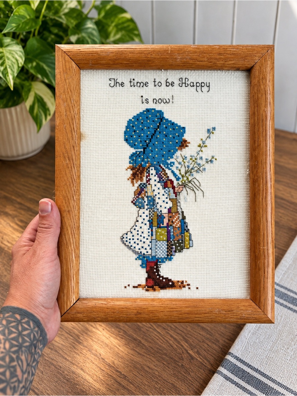 Vintage Handmade Cross Stitch Framed Needlepoint “The Time to Be Happy Is Now”